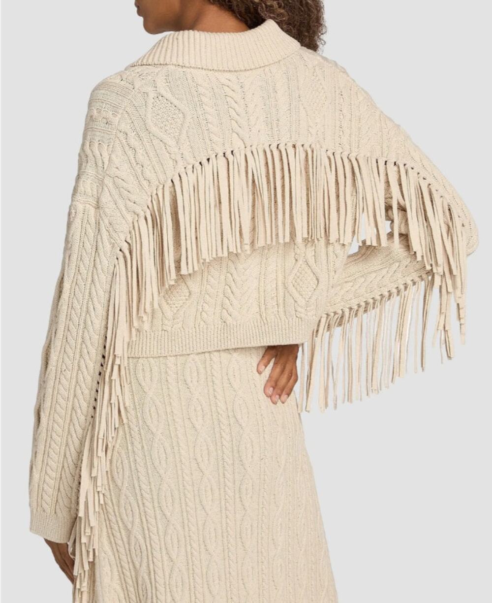 NWT Simkhai Sand Tan Virginia Fringe Trim Chunky Knit Cardigan Womens Medium